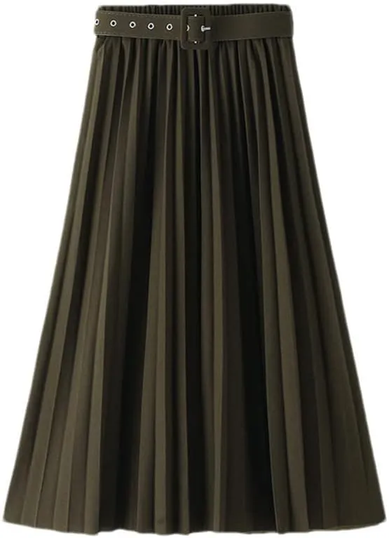 Women's High Waist Pleated Skirts with Belted Spring Autumn Office Lady Midi Long Skirt