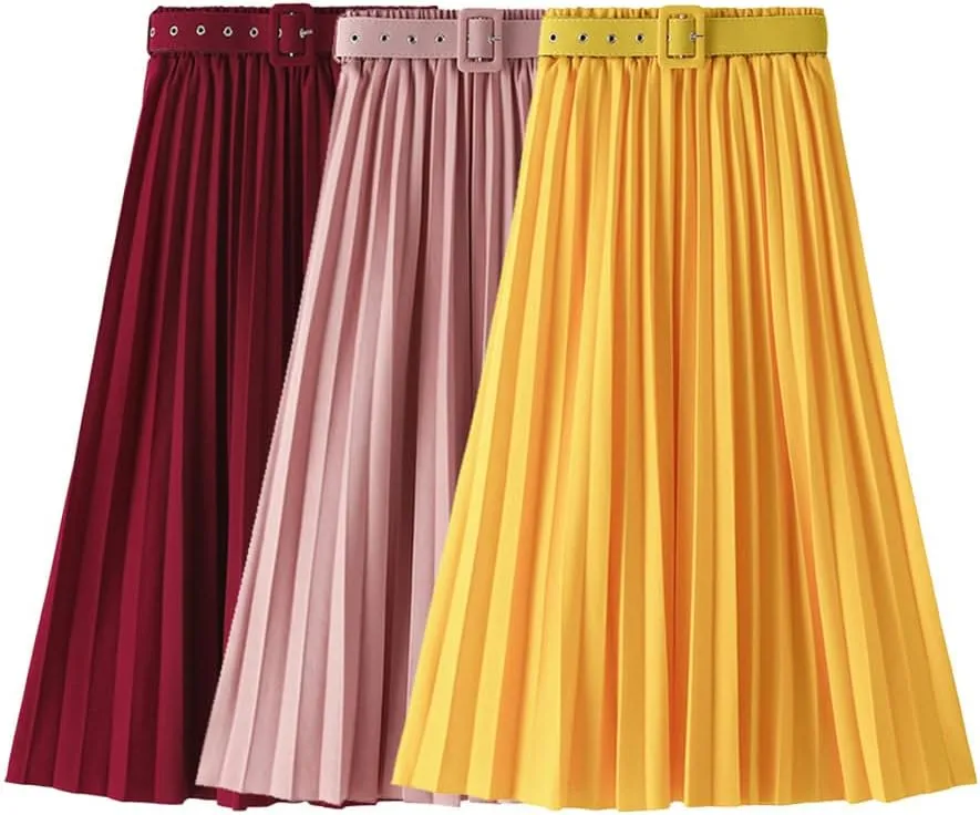 Women's High Waist Pleated Skirts with Belted Spring Autumn Office Lady Midi Long Skirt