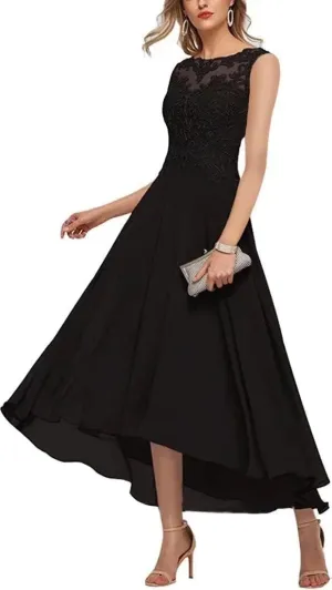Women's Mother of The Bride Dresses Sleeveless High Low A-line Lace Applique Chiffon Formal Evening Gowns