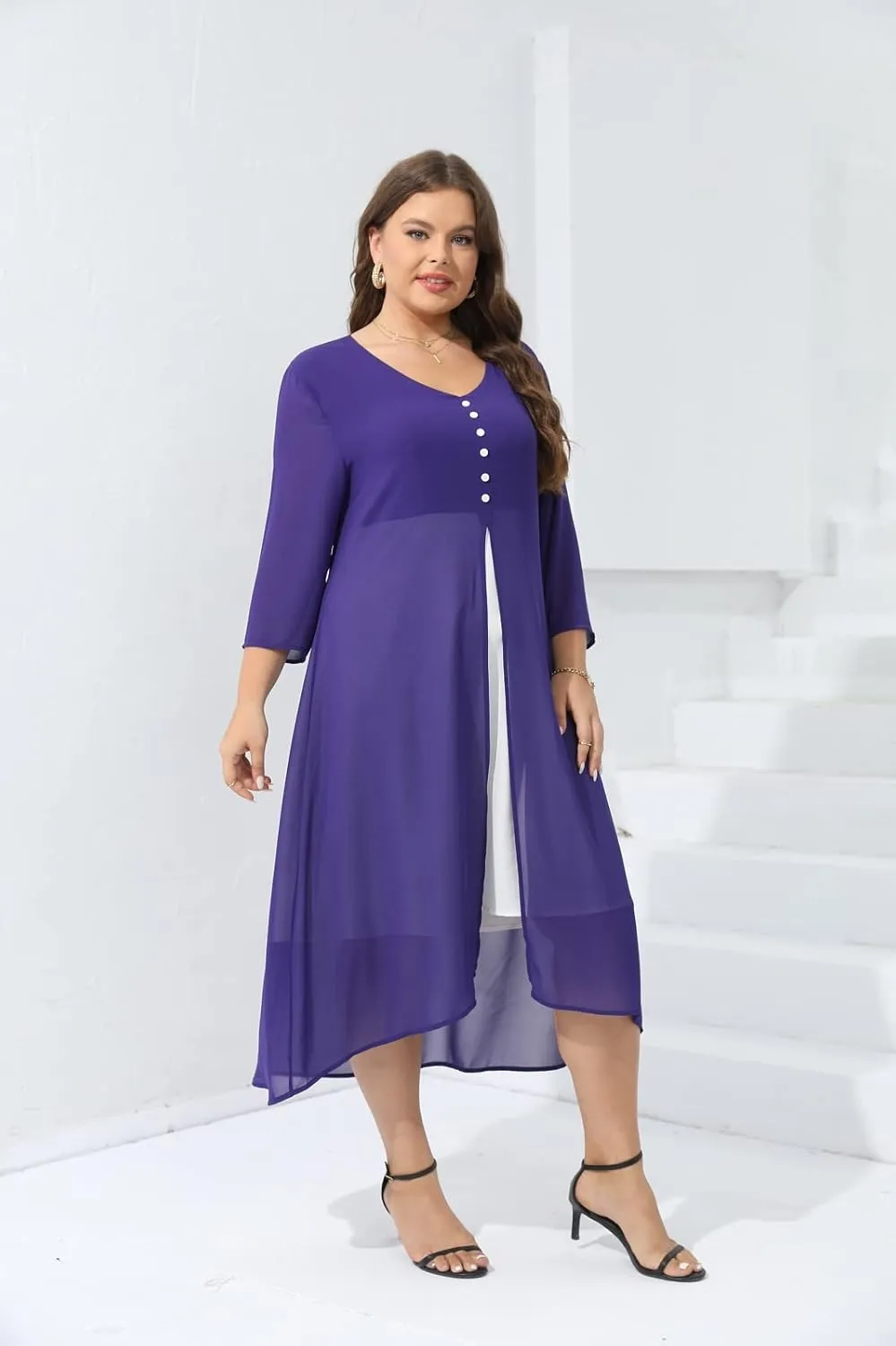 Women's Plus Size 3/4 Sleeve Elegant Contrast Chiffon Panel V Neck Midi Dress