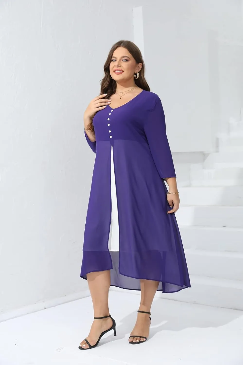 Women's Plus Size 3/4 Sleeve Elegant Contrast Chiffon Panel V Neck Midi Dress