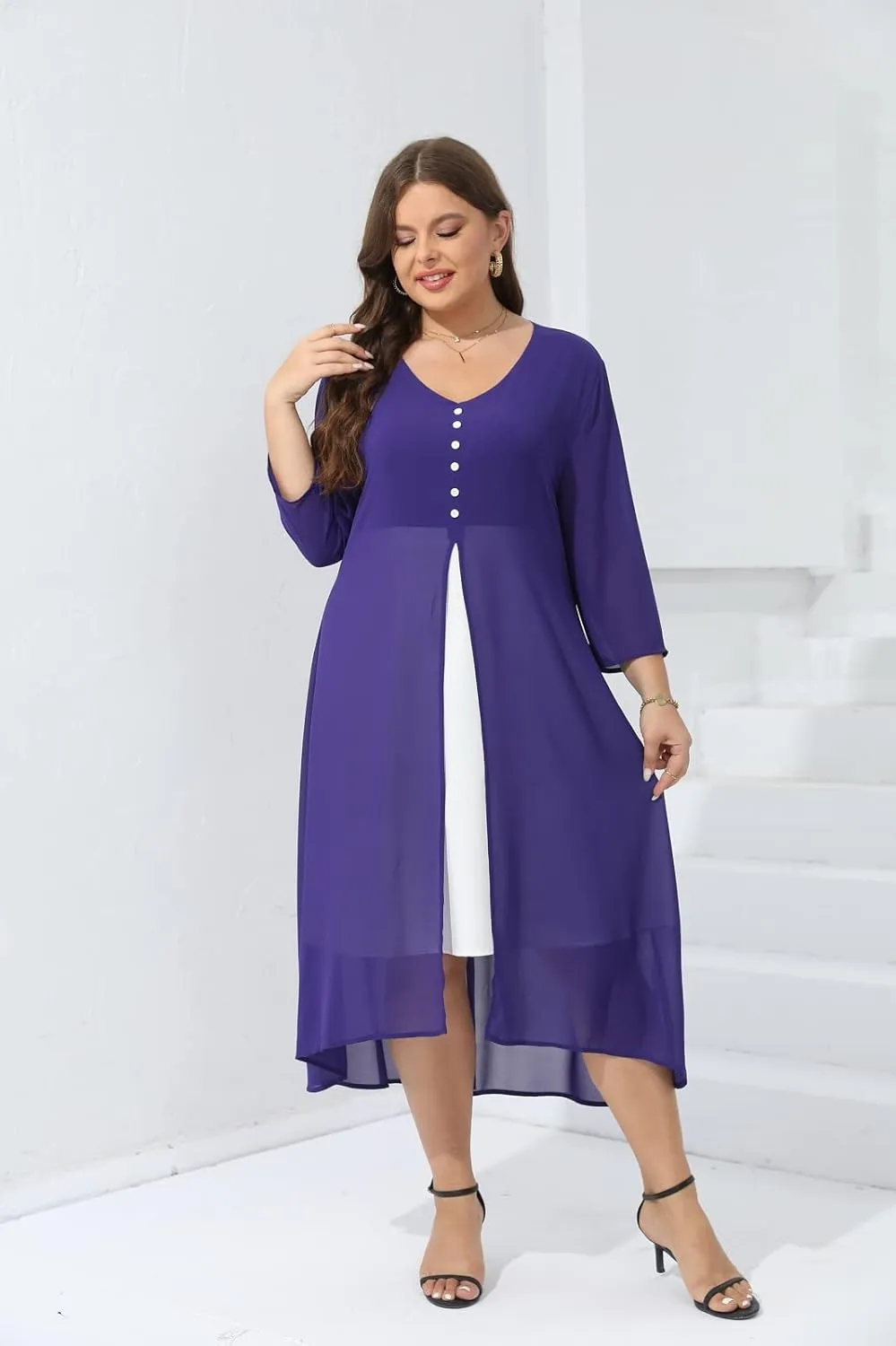 Women's Plus Size 3/4 Sleeve Elegant Contrast Chiffon Panel V Neck Midi Dress