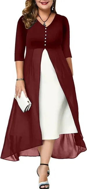 Women's Plus Size 3/4 Sleeve Elegant Contrast Chiffon Panel V Neck Midi Dress