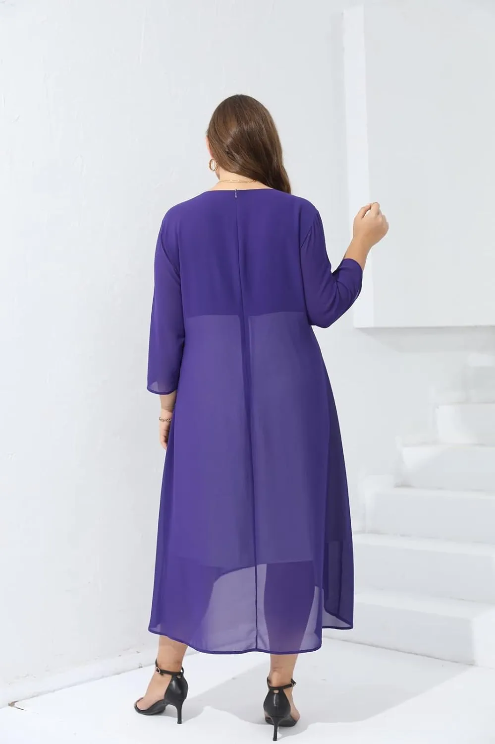Women's Plus Size 3/4 Sleeve Elegant Contrast Chiffon Panel V Neck Midi Dress