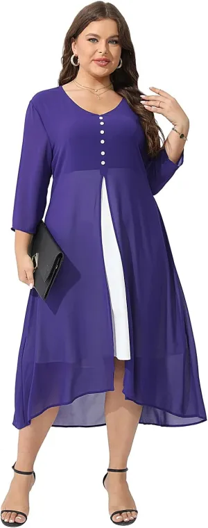 Women's Plus Size 3/4 Sleeve Elegant Contrast Chiffon Panel V Neck Midi Dress