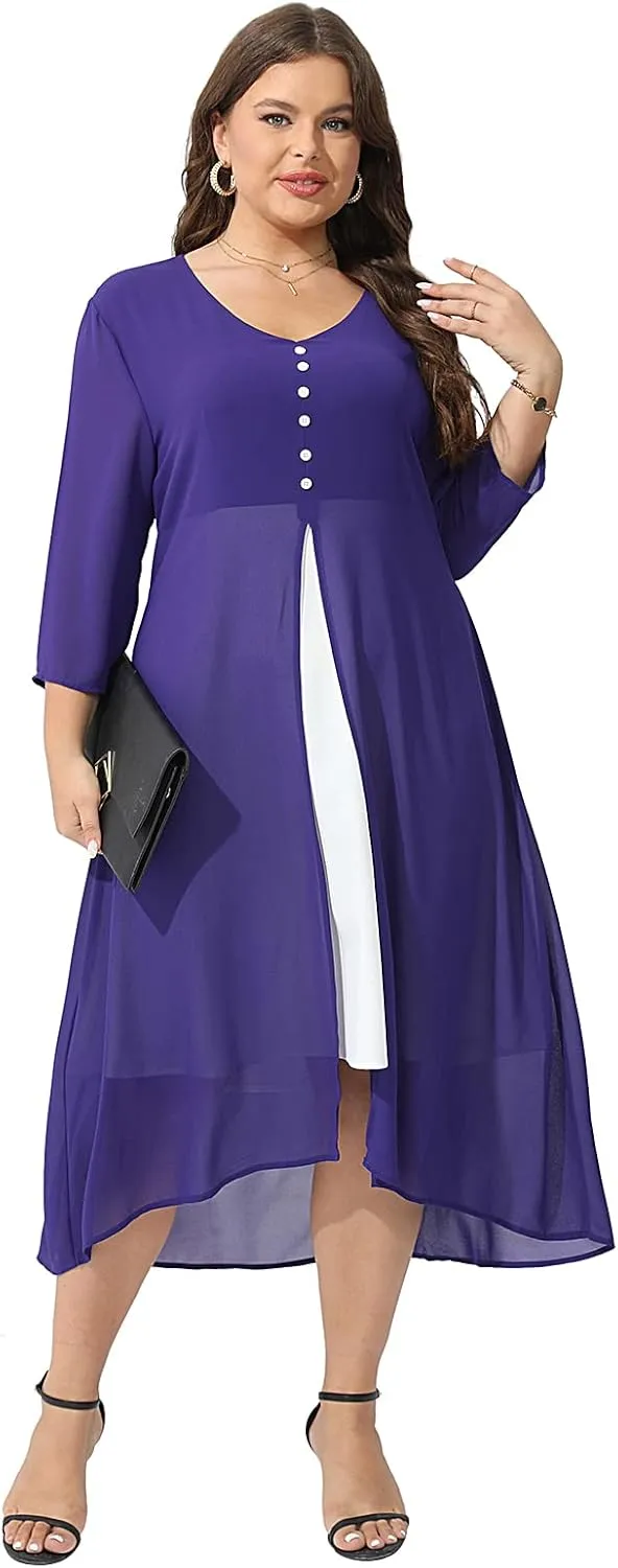 Women's Plus Size 3/4 Sleeve Elegant Contrast Chiffon Panel V Neck Midi Dress