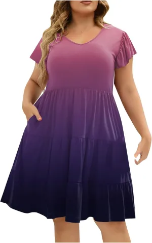 Women's Plus Size Dresses for Curvy Floral Print Short Sleeve Loose Large Hem Tshirt Dresses with Pockets