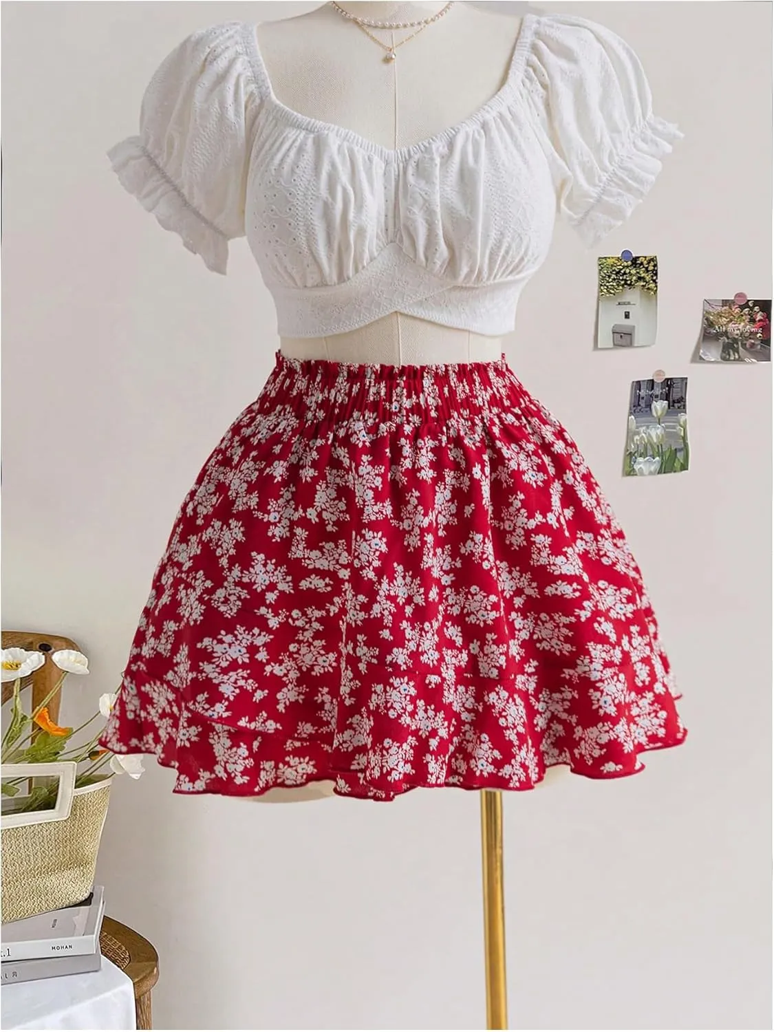 Women's Plus Size Floral Shorts Elastic High Waisted Boho Skirts Y2k Ruffle Hem Loose Skorts
