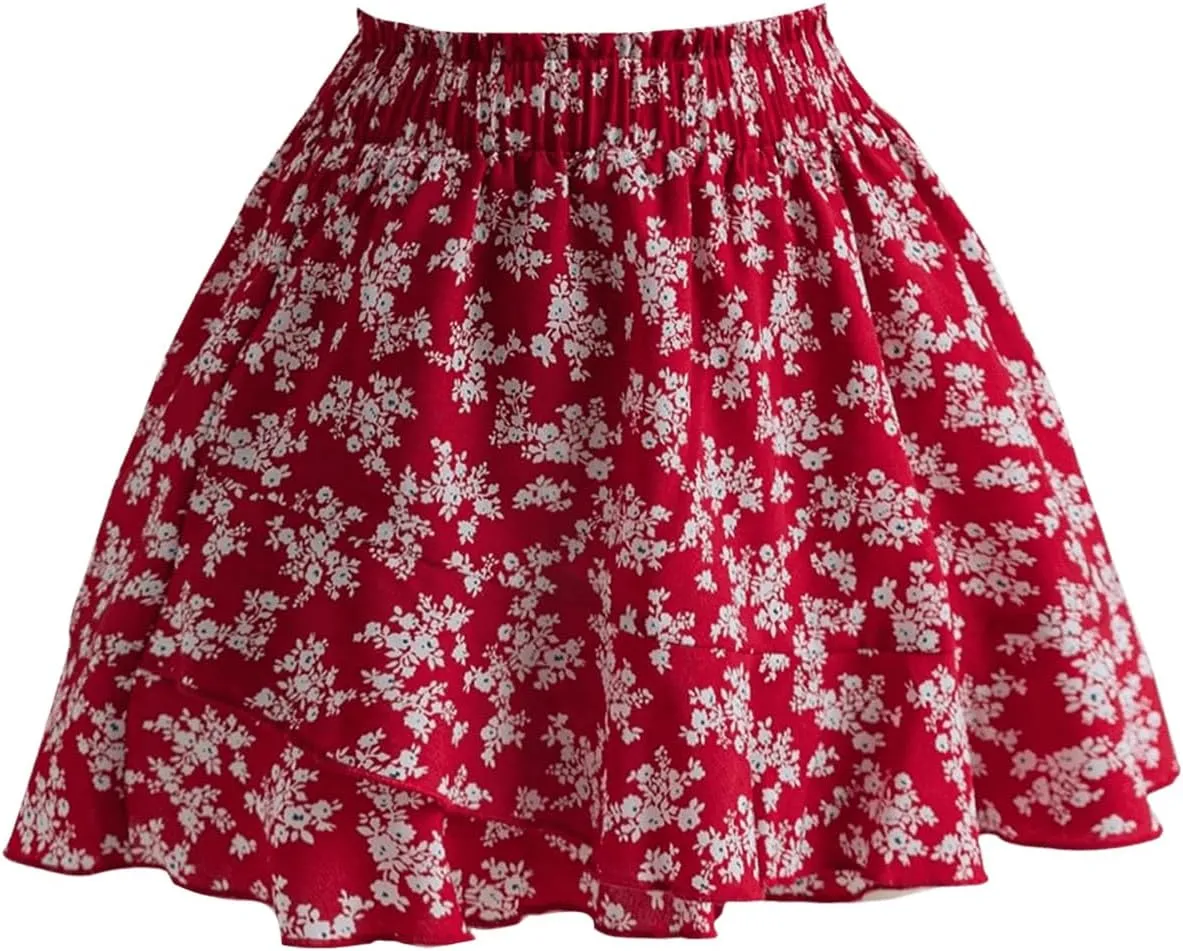 Women's Plus Size Floral Shorts Elastic High Waisted Boho Skirts Y2k Ruffle Hem Loose Skorts