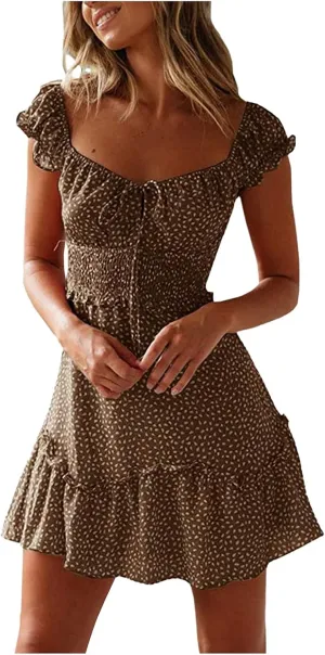 Womens Ruffle Floral Mini Sundress 2024 Summer Outdoor Vacation Travel Dress Square Neck Bohemia Style High Waisted Dresses