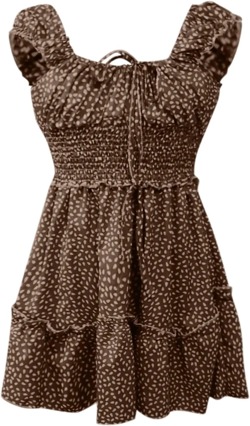 Womens Ruffle Floral Mini Sundress 2024 Summer Outdoor Vacation Travel Dress Square Neck Bohemia Style High Waisted Dresses