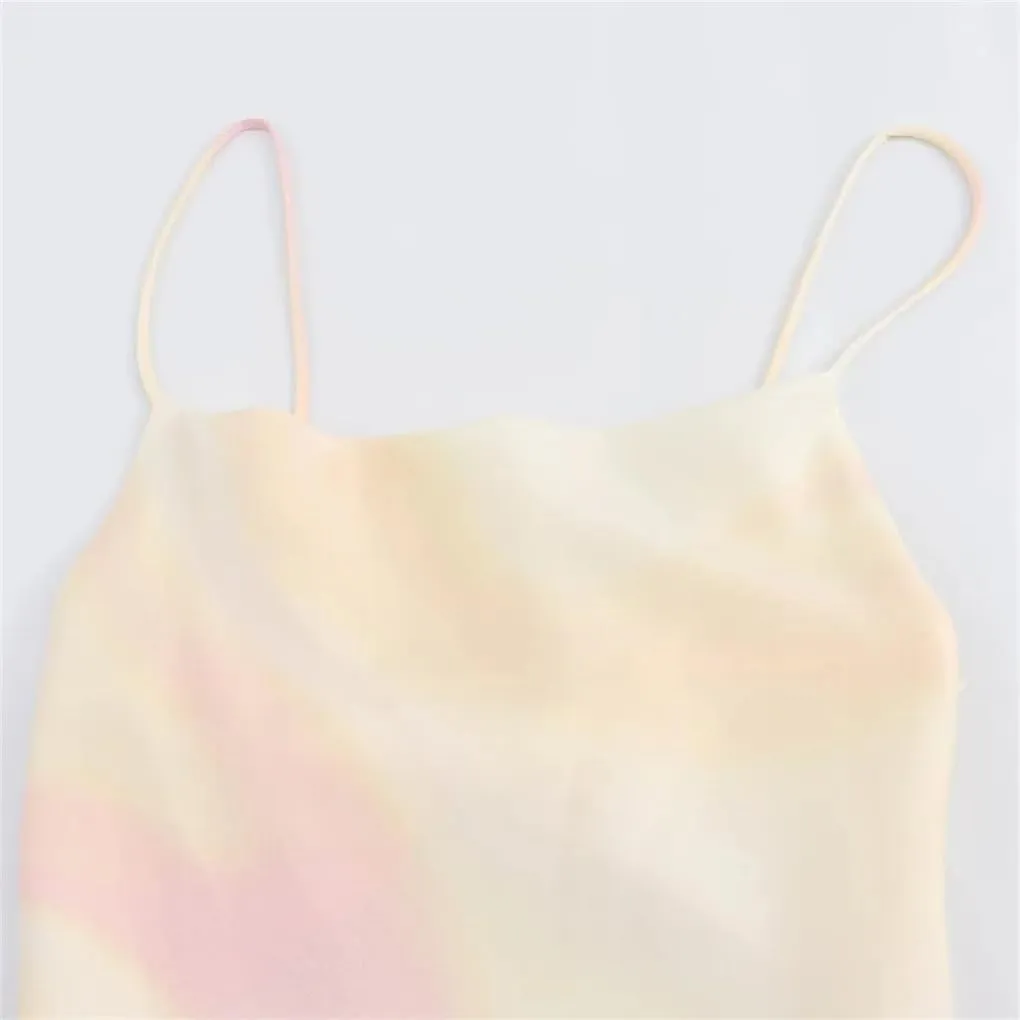 Women's Satin Tie Dye Slim Fit Camisole Dress Solid Color Casual Loose Temperament Sleeveless Dress