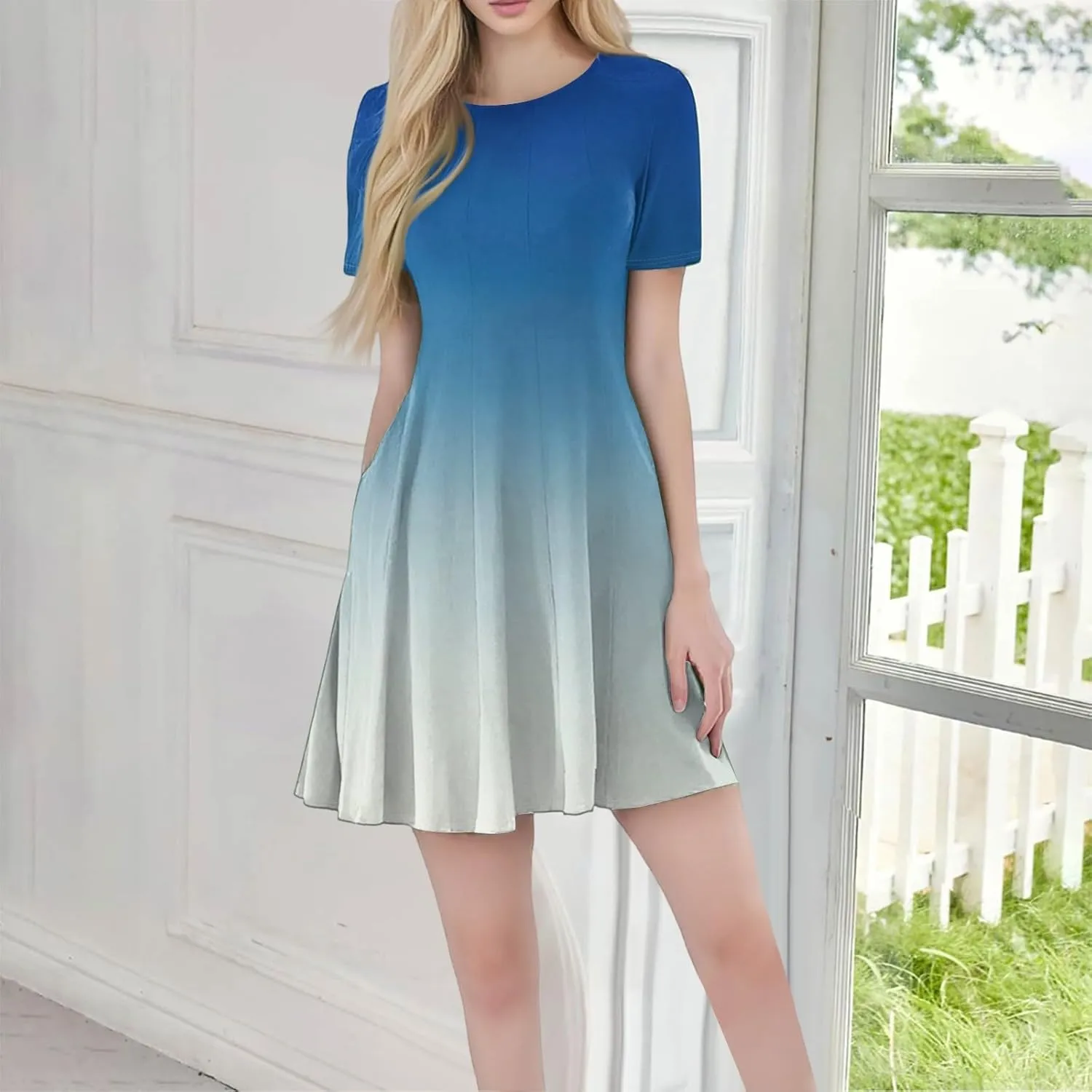 Womens Short Dresses Summer Mini Short Sleeve Scoop Neck Shirt Dress Pleated A Line Sexy Night Out Dresses