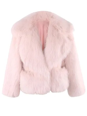 Women's Short Pink Faux Fur Coat With Big Collar and Pockets Fluffy Jacket For Women