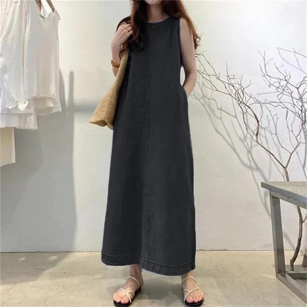 Women's Sleeveless Denim Dress Casual Loose Summer Jean Dresses Maxi Length Dress with Pockets