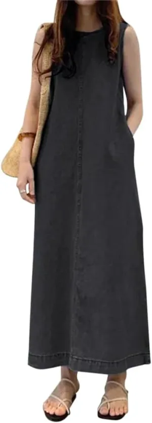 Women's Sleeveless Denim Dress Casual Loose Summer Jean Dresses Maxi Length Dress with Pockets