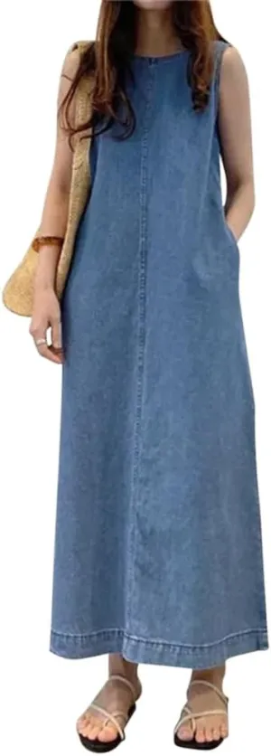 Women's Sleeveless Denim Dress Casual Loose Summer Jean Dresses Maxi Length Dress with Pockets