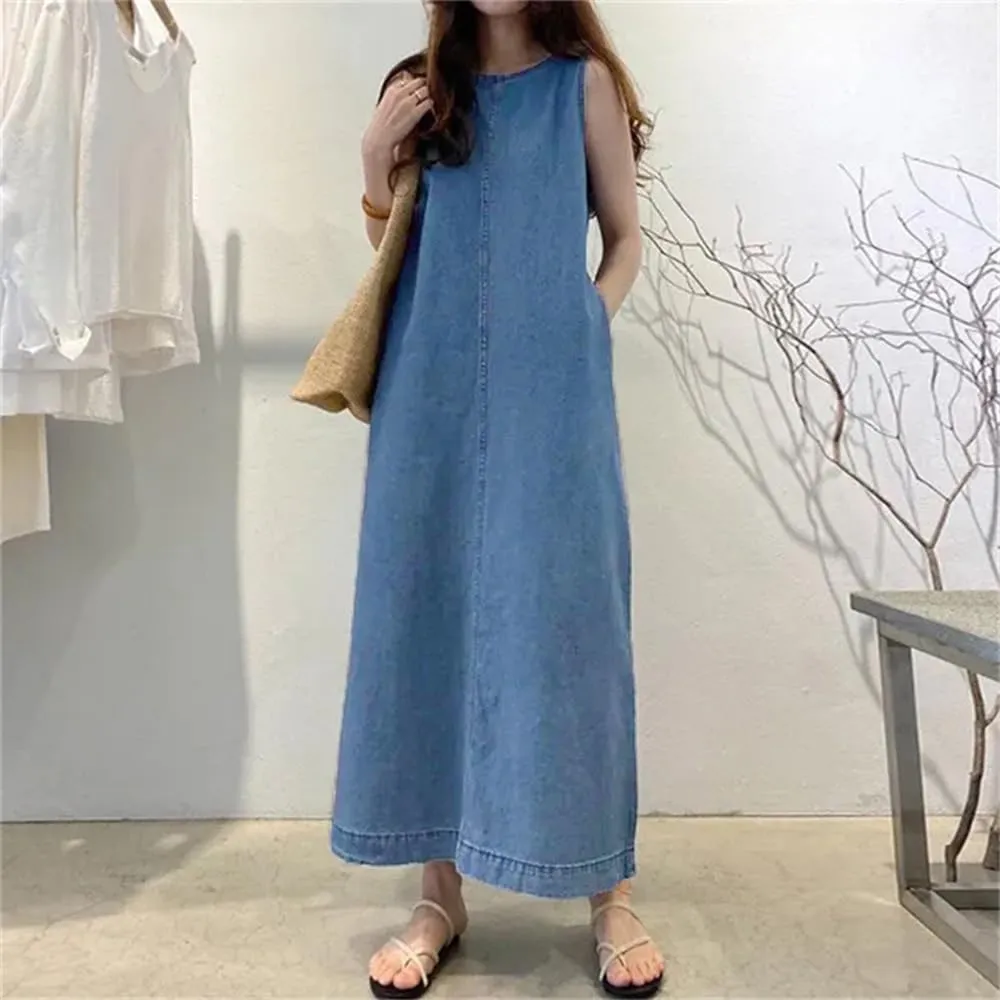 Women's Sleeveless Denim Dress Casual Loose Summer Jean Dresses Maxi Length Dress with Pockets