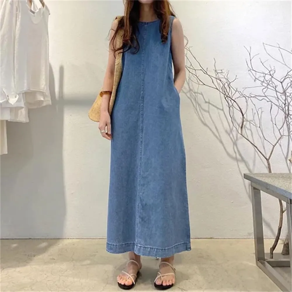 Women's Sleeveless Denim Dress Casual Loose Summer Jean Dresses Maxi Length Dress with Pockets