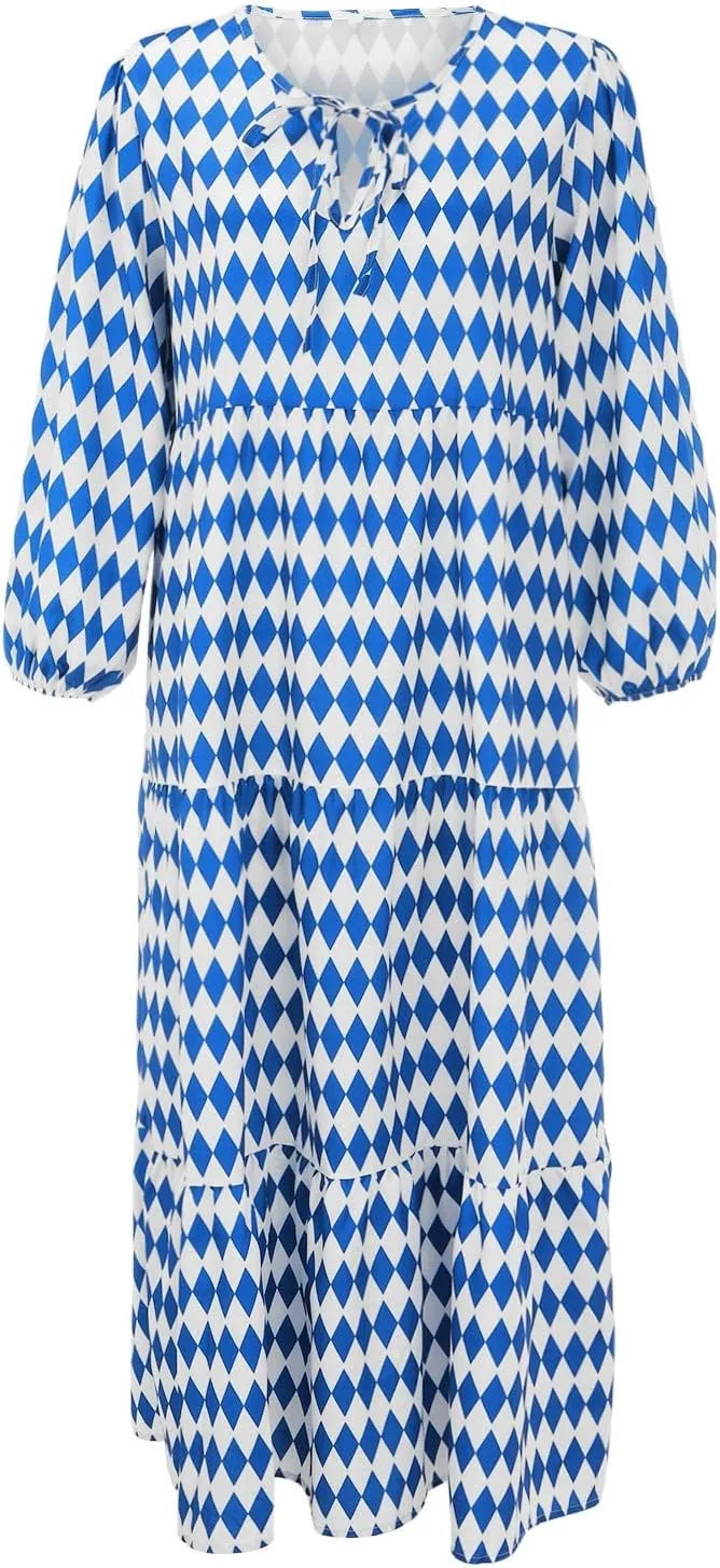 Women's Spring Dresses 2025 Long Sleeve Flowy Casual Floral Maxi Dress Front Tie Cutout Tiered Long Dress Beach Dresses