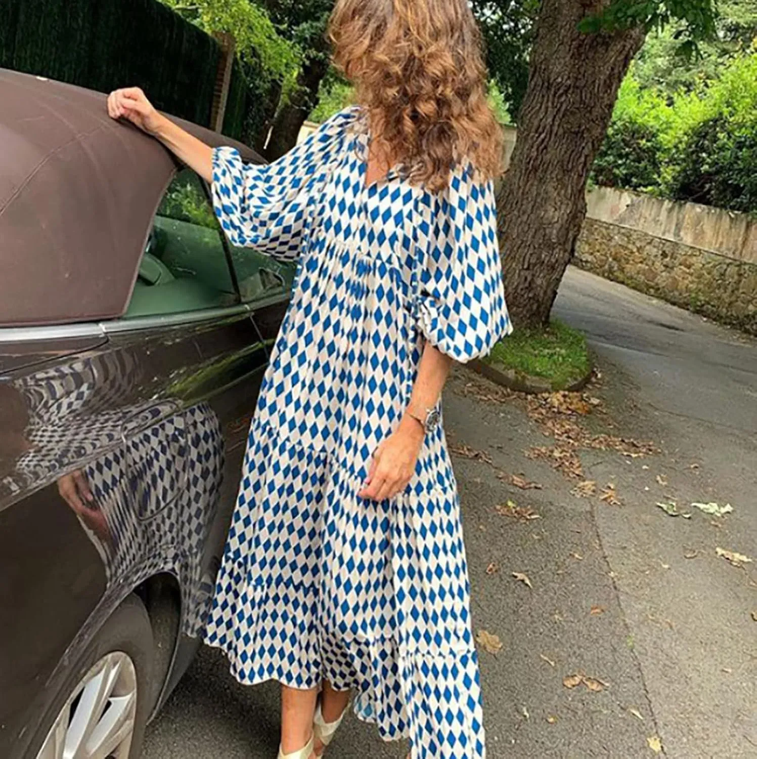 Women's Spring Dresses 2025 Long Sleeve Flowy Casual Floral Maxi Dress Front Tie Cutout Tiered Long Dress Beach Dresses