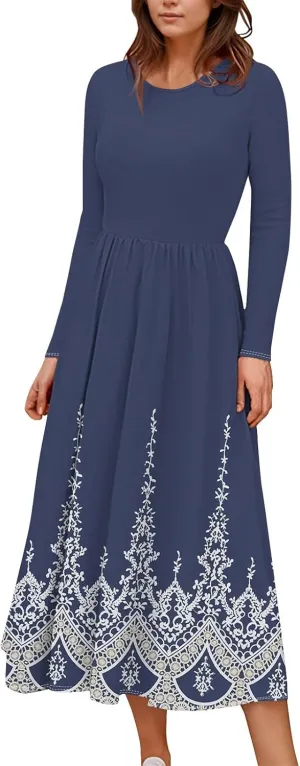 Womens Spring Dresses 2025 Long Sleeve O Neck Midi Trendy Summer Elegant Boho Holiday Fitted Dress