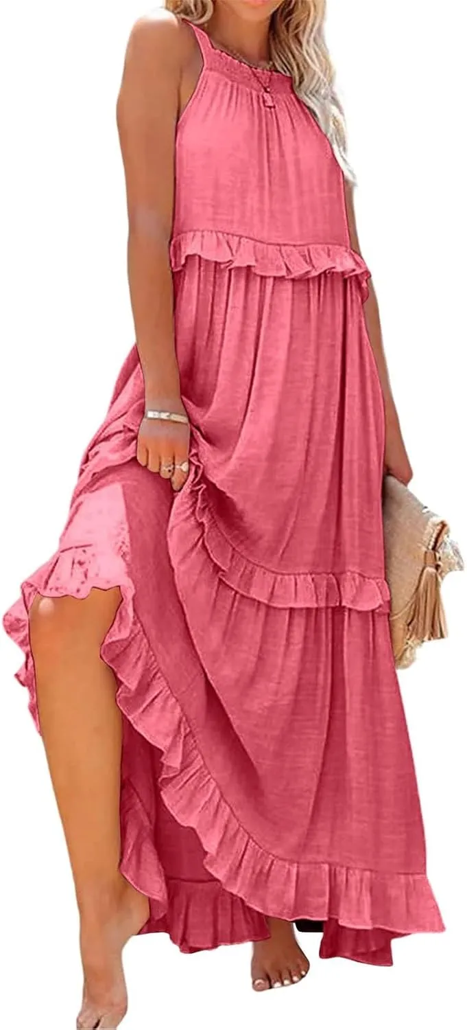 Womens Summer Dresses 2024, Swing Beach Maxi Dress Casual Boho Off Shoulder Sleeveless Loose Flowy Trendy Sundress