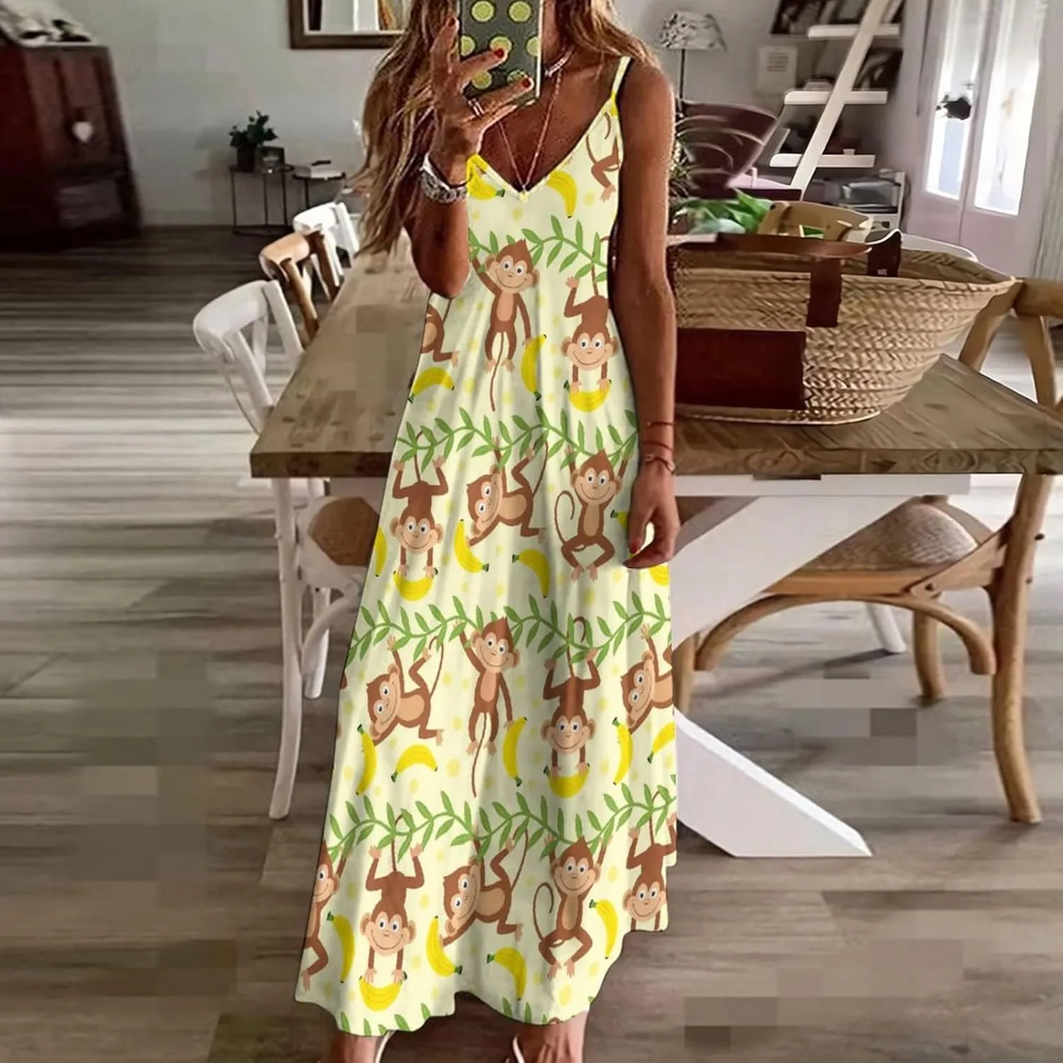 Women's Summer Dresses Monkey Tropical Banana Palm Trees Maxi Dress Beach Dresses for Women