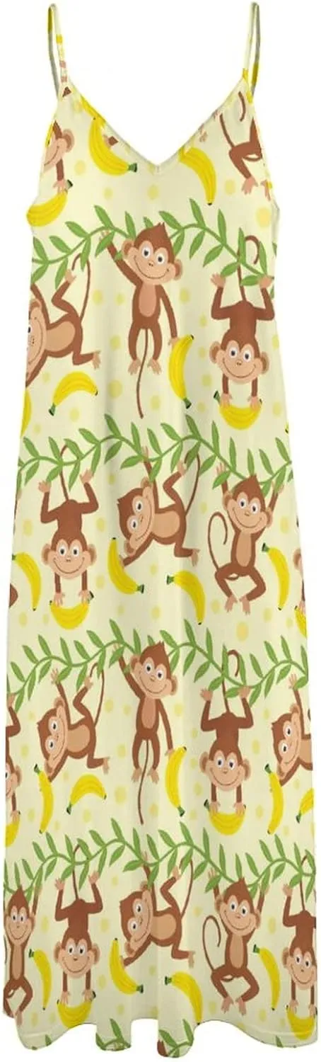 Women's Summer Dresses Monkey Tropical Banana Palm Trees Maxi Dress Beach Dresses for Women