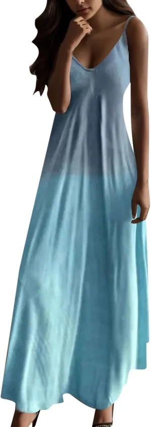 Women's Summer Maxi Dress Casual V-Neck Sleeveless Bohemian Spaghetti Strap Floral Long Maxi Dress with Pockets Boho Dresses