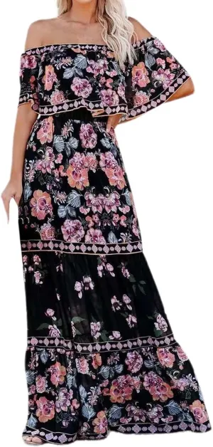 Women's Summer Off The Shoulder Maxi Dress Ruffle Strapless Boho Casual Loose Long Holiday Dresses for Women