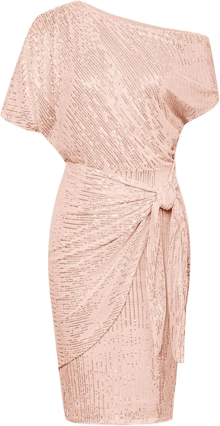 Women's Summer Sexy Elegant Trendy Cold One Shoulder Short Sleeve Sequins Solid Color Prom Party Cocktail Midi Dresses