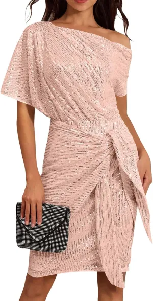 Women's Summer Sexy Elegant Trendy Cold One Shoulder Short Sleeve Sequins Solid Color Prom Party Cocktail Midi Dresses