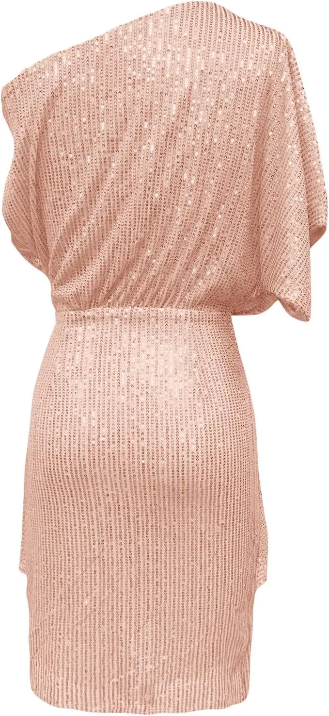 Women's Summer Sexy Elegant Trendy Cold One Shoulder Short Sleeve Sequins Solid Color Prom Party Cocktail Midi Dresses
