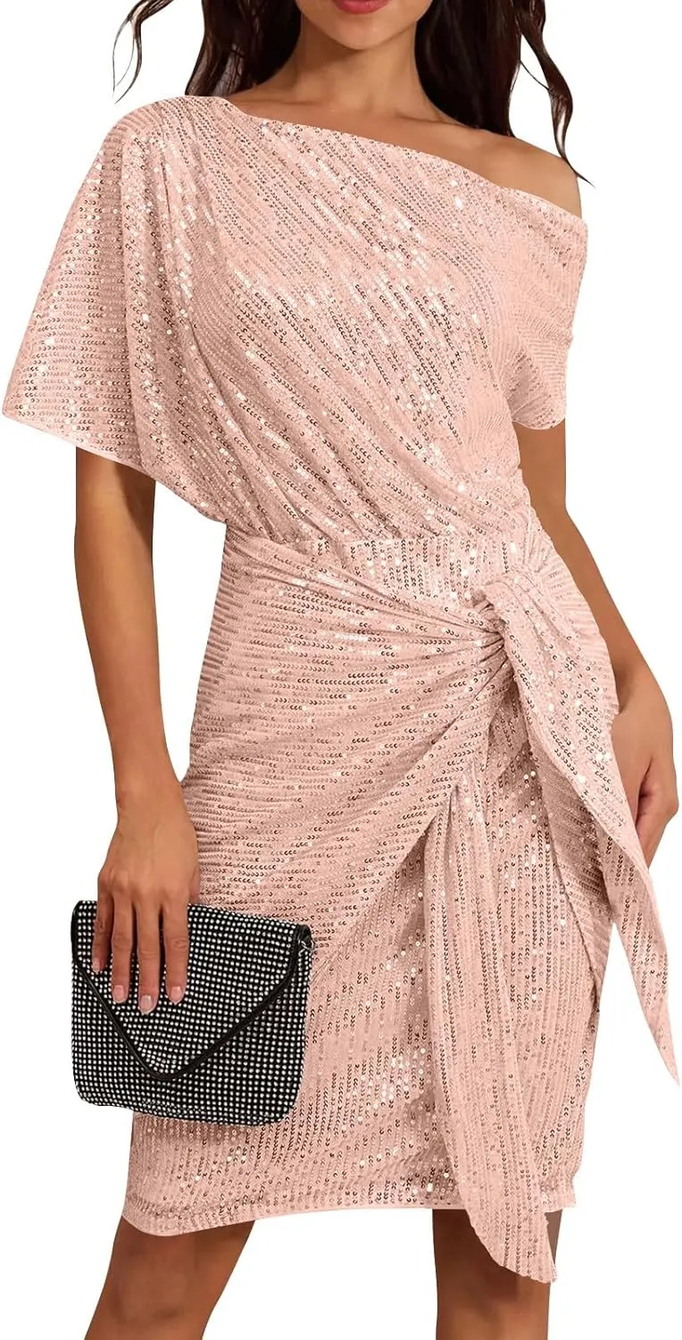 Women's Summer Sexy Elegant Trendy Cold One Shoulder Short Sleeve Sequins Solid Color Prom Party Cocktail Midi Dresses