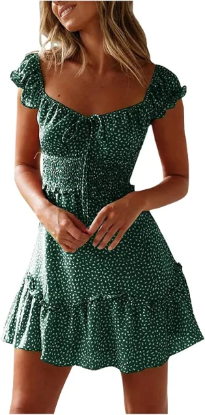 Womens Summer Sexy Sweetheart Collar Printed Ruffle Mini Dress Tie Front Ruffle Trim Ruched Short Dress Sundresses for Women