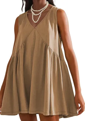 Womens Summer Sleeveless Mini Dress Casual Loose V Neck Sundress Swing Flowy Beach Dress with Pocket Pleated Dresses
