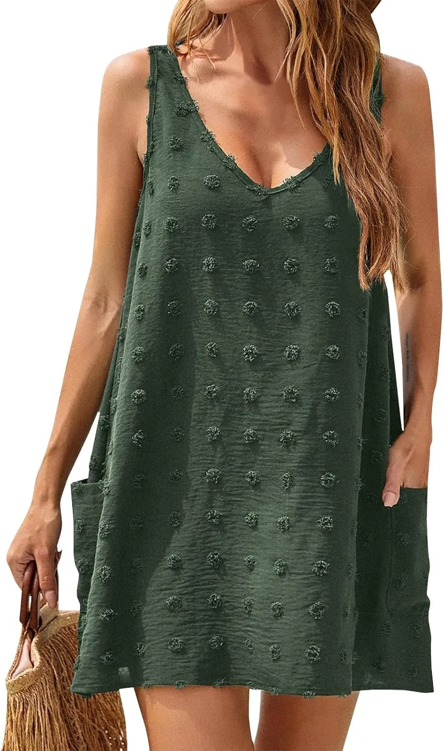 Womens V Neck Swiss Dot Mini Dress Sleeveless Loose Tank Dress Sundress Boho Beach Cover up Summer Dress with Pockets
