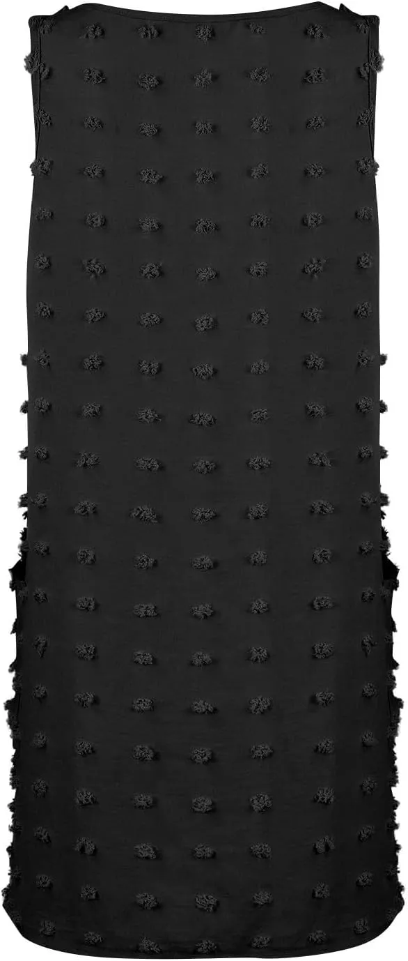 Womens V Neck Swiss Dot Mini Dress Sleeveless Loose Tank Dress Sundress Boho Beach Cover up Summer Dress with Pockets