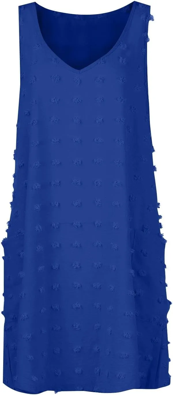 Womens V Neck Swiss Dot Mini Dress Sleeveless Loose Tank Dress Sundress Boho Beach Cover up Summer Dress with Pockets