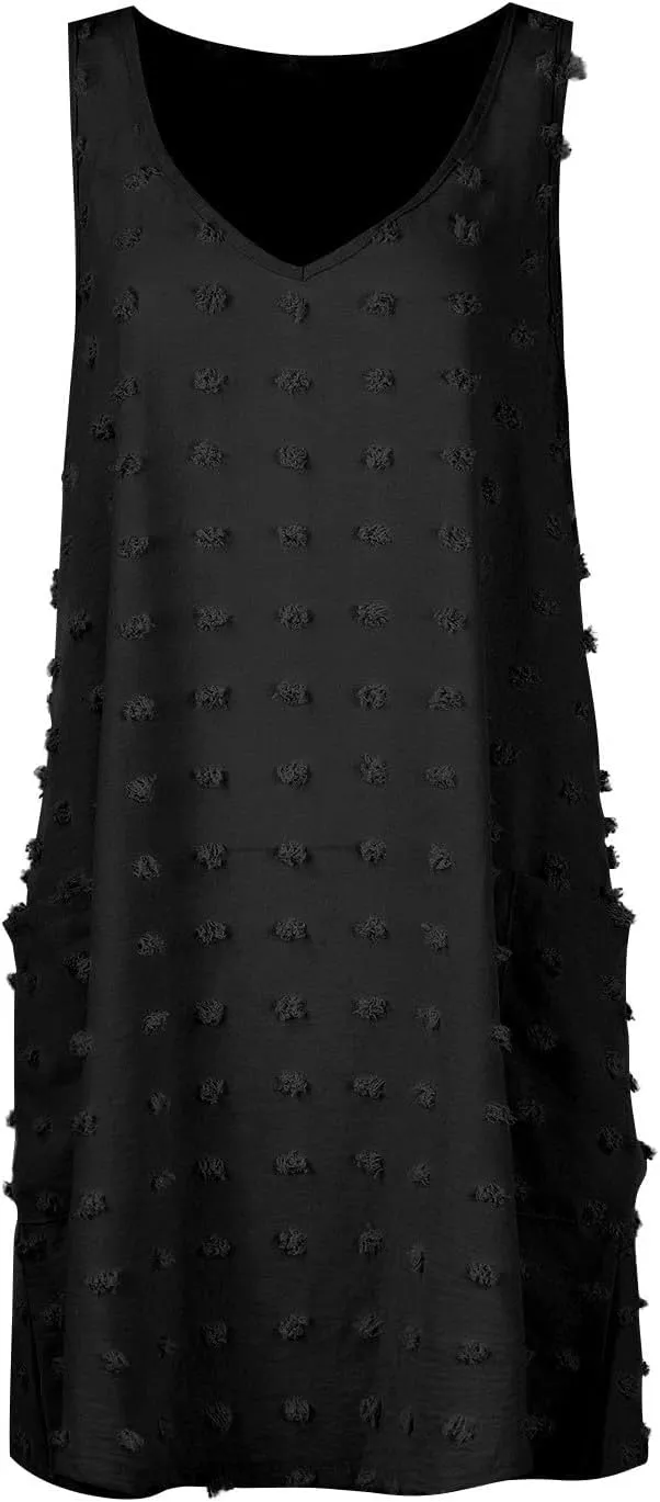 Womens V Neck Swiss Dot Mini Dress Sleeveless Loose Tank Dress Sundress Boho Beach Cover up Summer Dress with Pockets
