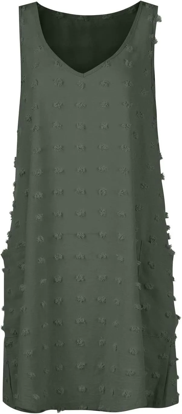 Womens V Neck Swiss Dot Mini Dress Sleeveless Loose Tank Dress Sundress Boho Beach Cover up Summer Dress with Pockets