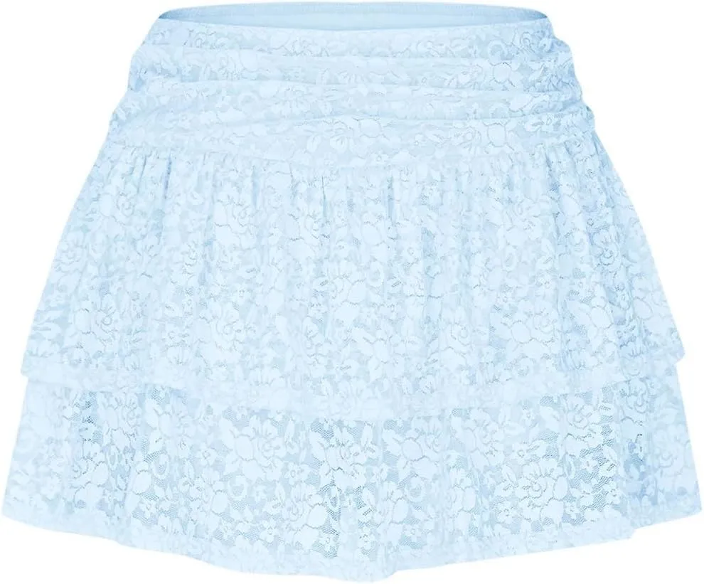 Womens Y2k Lace Mini Skirt Fairy Mesh Floral Mid Low Rise Ruffle Half Slip Skirt Sexy Layered Flowy Short Skirt
