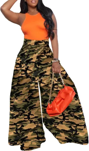 xxxiticat Women's Camouflage Wide Leg Pants High Waist Casual Loose Fit Trendy Plus Size Camo Print Lounge Trousers