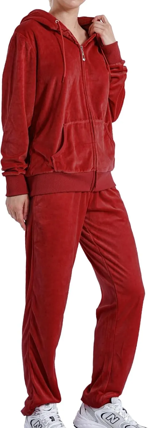 Yasumond Womens Velour Tracksuit 2 Piece Outfits Long Sleeve Zip Hooded Lounge Velvet Sweatshirt and Sweatpants Set