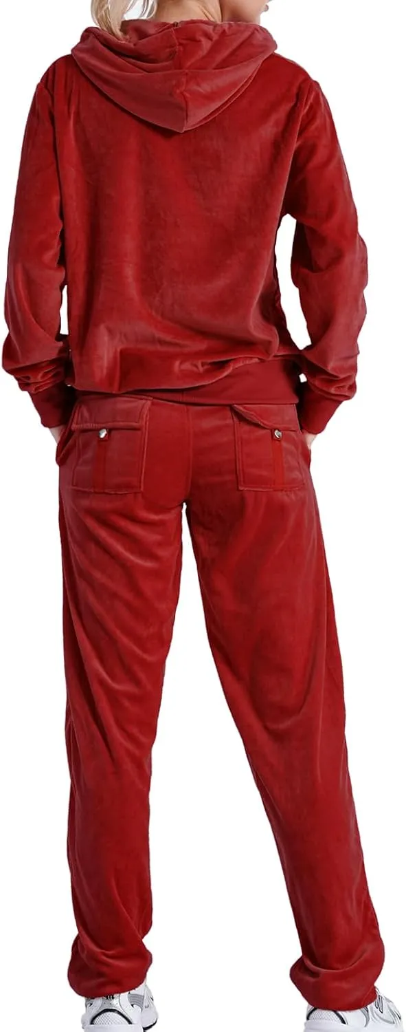 Yasumond Womens Velour Tracksuit 2 Piece Outfits Long Sleeve Zip Hooded Lounge Velvet Sweatshirt and Sweatpants Set