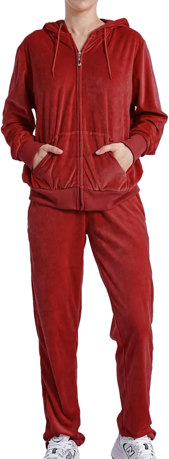 Yasumond Womens Velour Tracksuit 2 Piece Outfits Long Sleeve Zip Hooded Lounge Velvet Sweatshirt and Sweatpants Set