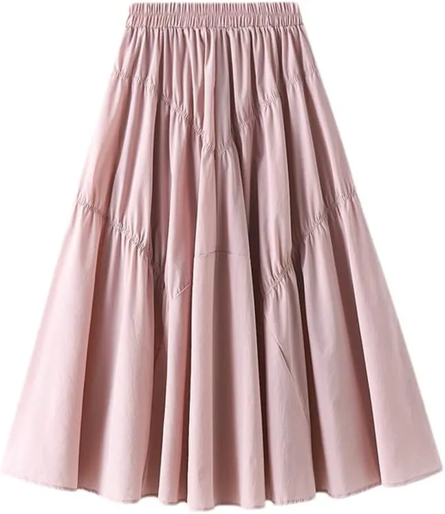 Youllyuu Elastic Waist A Line Skirt Shirring Long Summer Midi Skirts