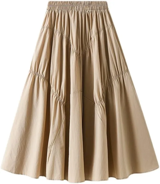 Youllyuu Elastic Waist A Line Skirt Shirring Long Summer Midi Skirts