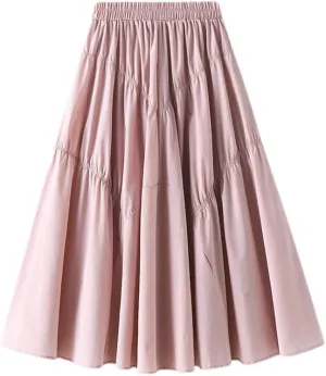 Youllyuu Elastic Waist A Line Skirt Shirring Long Summer Midi Skirts